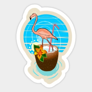 flamingo in a coconut in the tropics Sticker